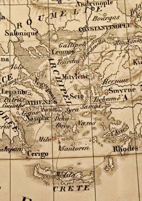 Carte d’époque montrant les lieux principaux cités La guerre d’indépendance grecque et la Vénus de Milo